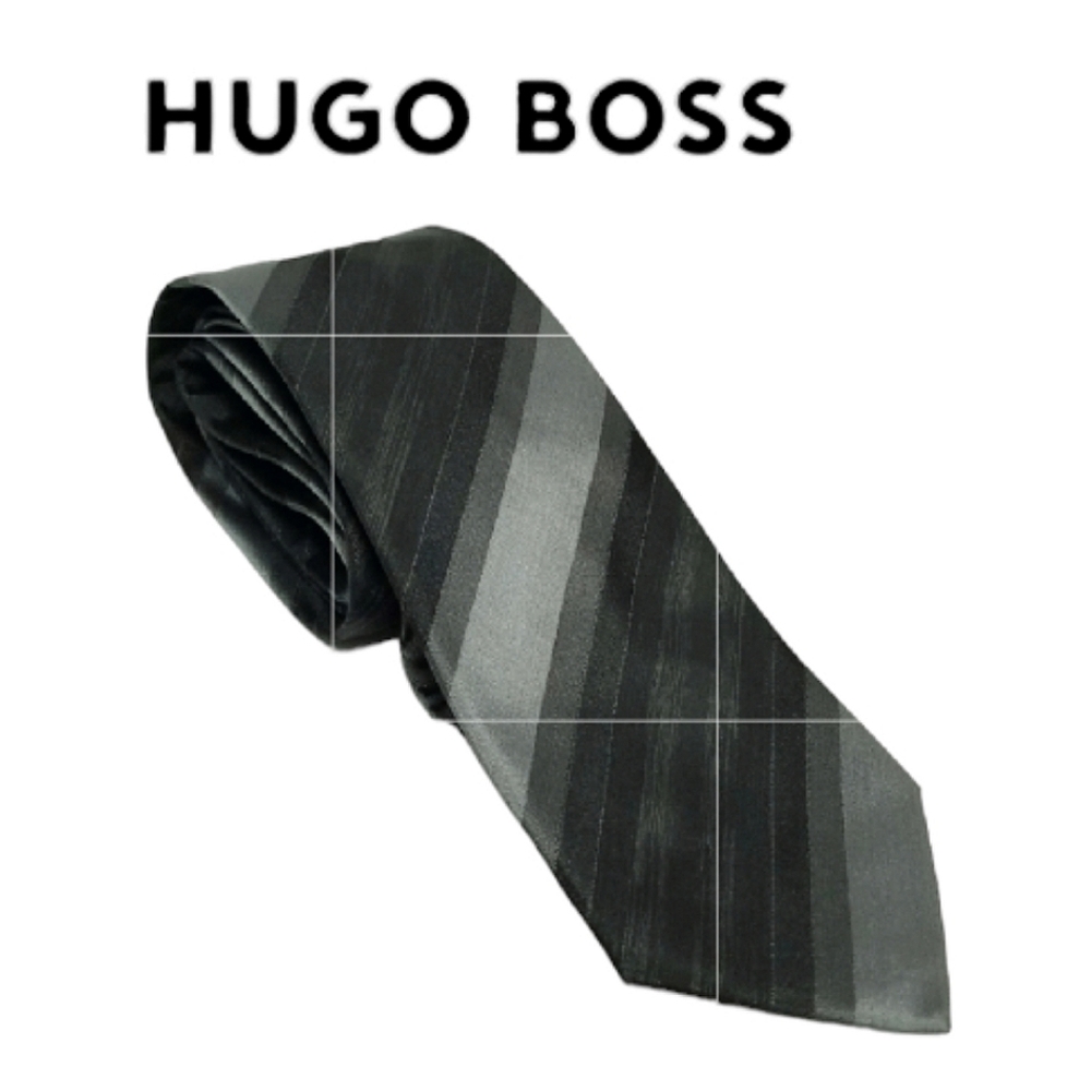 Boss By Hugo Boss Italian Silk Necktie Dark Grey Diagonal Stripe